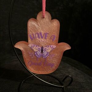 Pink Hamsa Ornament with Purple Butterfly